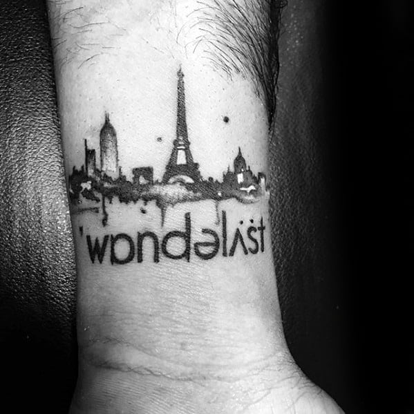 Small Wanderlust City Skyline Mens Wrist Tattoo Ideas