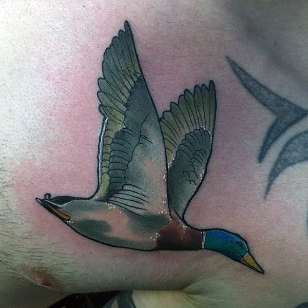 Small Watercolor Duck Tattoo On Guys Chest