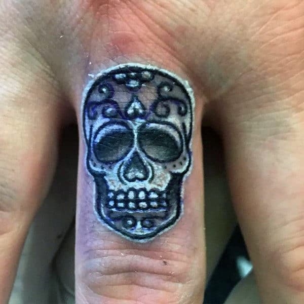 Small White And Black Ink Sugar Skull Finger Male Tattoo