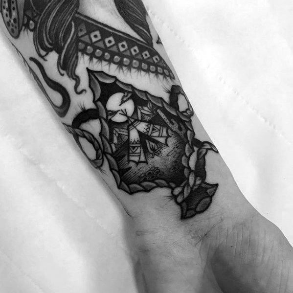 Small Wrist Arrowhead Teepee Mens Tattoo Ideas