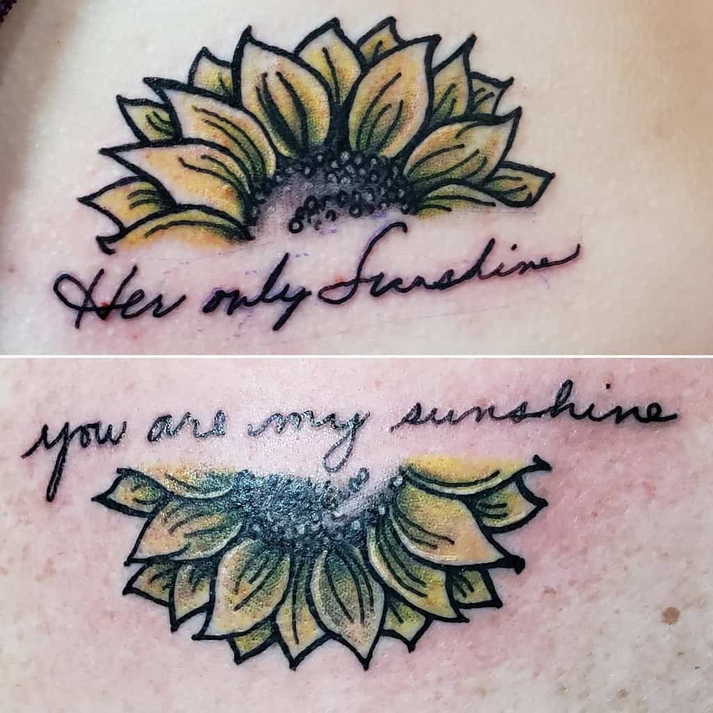 Two tattoos: yellow sunflowers with text "Her only Sunshine" and "you are my sunshine"