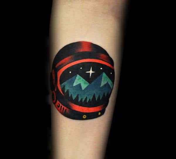 Smalll Mens Amazing Tattoo Of Astronaut Helmet On Forearm