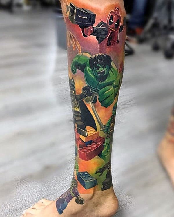 Smashing Hulk With Legos Crazy Male Leg Sleeve Tattoos