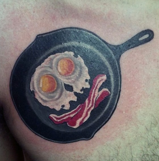 Smiley Bacon And Eggs Food Tattoo Male Chest