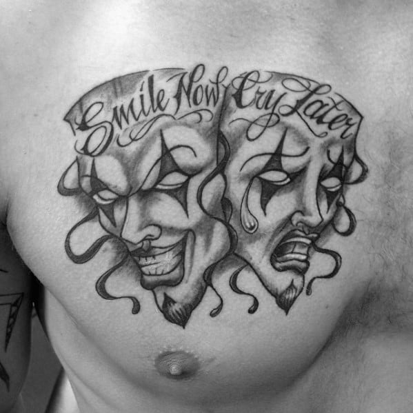 Smilie Now Cry Later Chest Artistic Male Drama Mask Tattoo Ideas