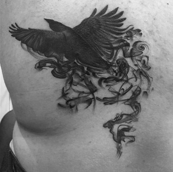 Smokey Black Raven Tattoo Mens Back