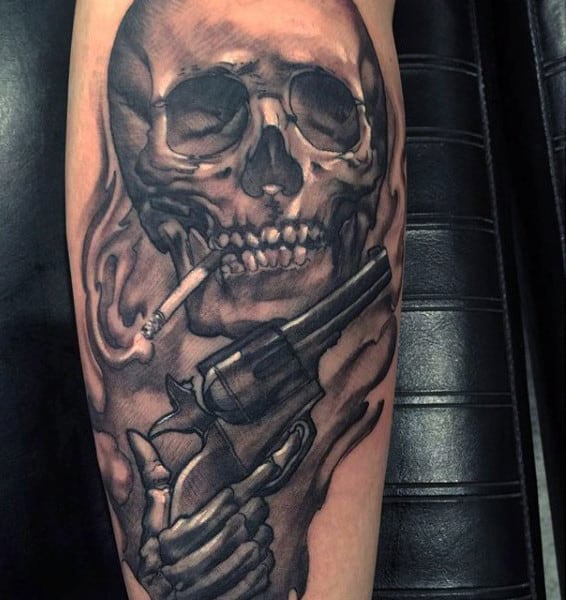 Smoking Skull With Piston Tattoo On Calves For Men