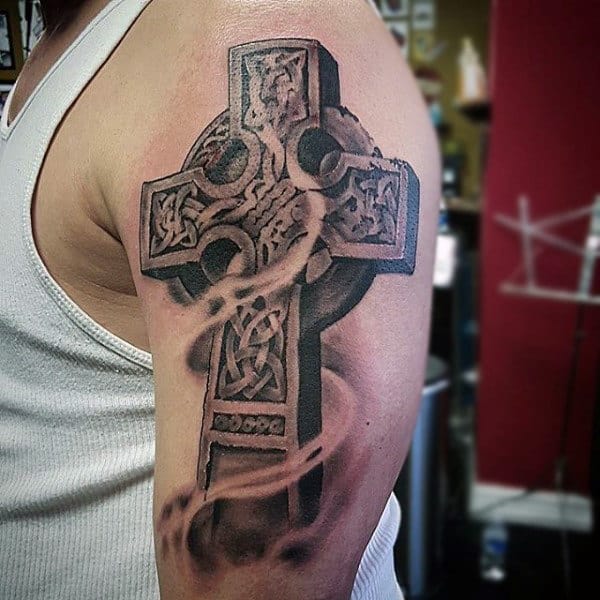 Smoking Spirit Celtic Cross Mens Upper Arm Tattoo Design Inspiration