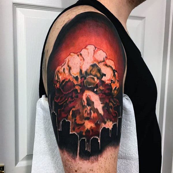 Smoky Red Combustion From Bomb Tattoo Male Arms