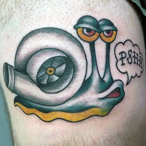 Creative tattoo of Gary the Snail merged with a turbocharger shell, showing a grumpy face and saying "PSHH" in a speech bubble.