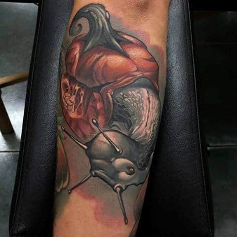 Snail With Pumpkin Shell Guys Inner Foream Tattoo Ideas