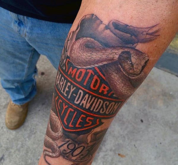 Snake And Harley Davidson Logo Mens Forearm Quarter Sleeve Tattoo Ideas