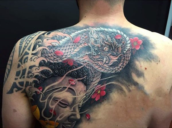 Snake And Meditating Buddhist Tattoo On Upper Back For Men