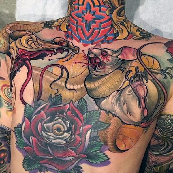 Snake And Mouse Modern Mens Chest Tattoos