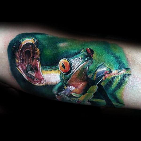 Snake Biting After Frog Guys Realistic Forearm Tattoo