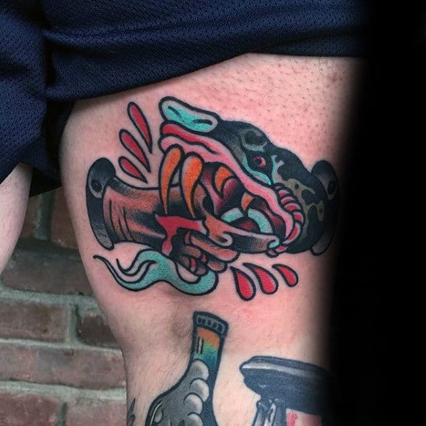Snake Biting Hand Traditional Leg Thigh Mens Tattoos
