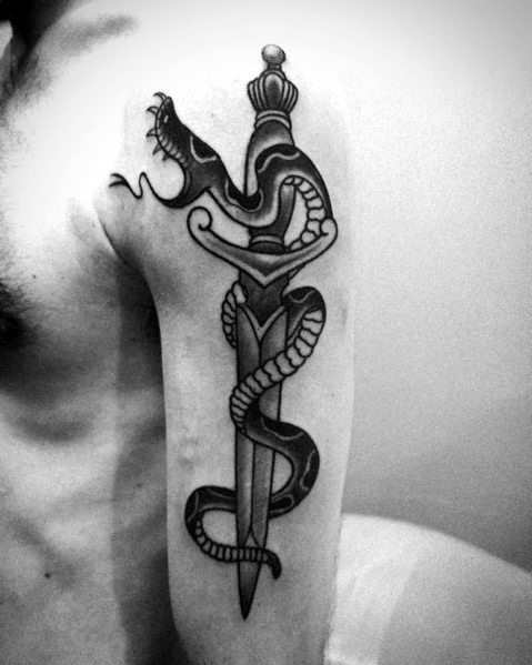 Black and grey snake and dagger tattoo on upper arm, featuring bold shading, fine details, and a fierce traditional design.