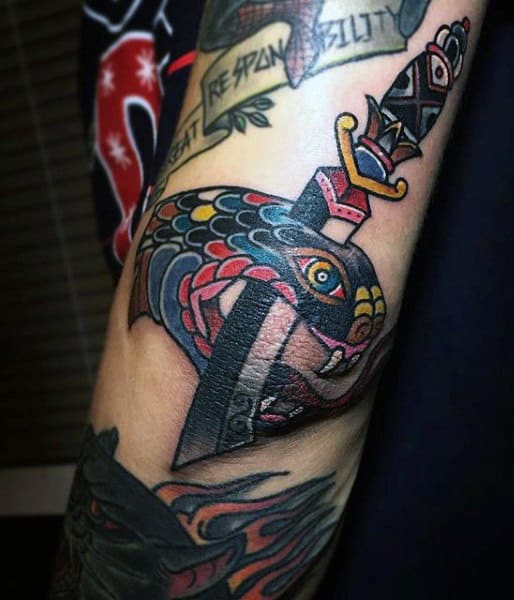 Snake Elbow Tattoo With Sword For Men