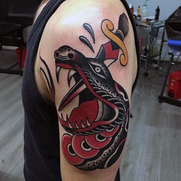 Snake Head Dagger Mens Nice Old School Traditional Arm Tattoos