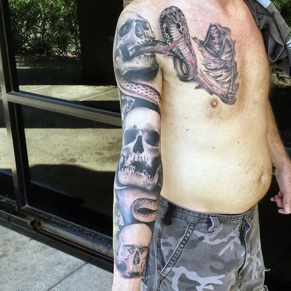 Snake Male Skull Tattoo Sleeve Designs