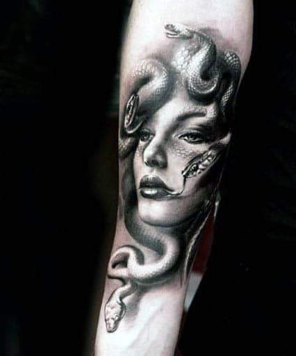 Snake Scales Medusa Tattoo For Guys On Inner Forearm