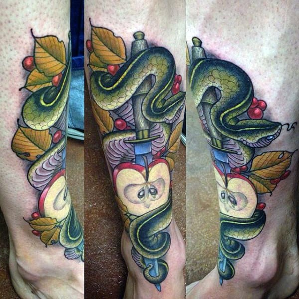 Snake Sword And Apple Guys Shin Tattoos