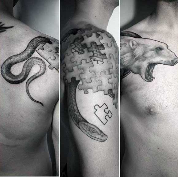 Snake Tattoos Puzzle Pieces On Man