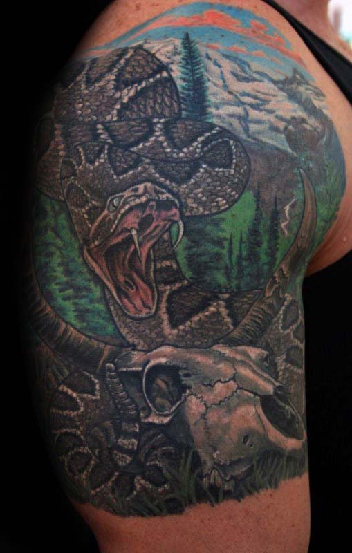 Snake With Bull Skull Mens Half Sleeve Tattoos