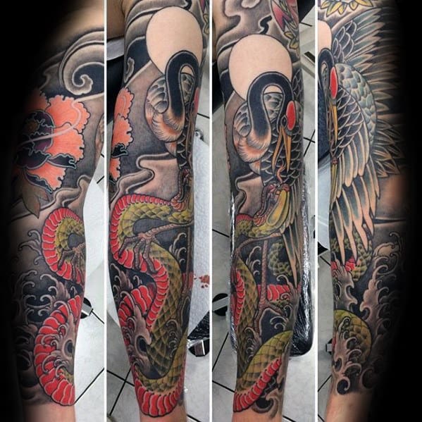 Snake With Crane Mens Japanese Sleeve Tattoos