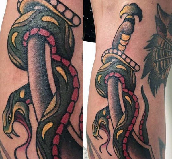 Snake With Dagger Male Traditional Inner Arm Bicep Tattoos