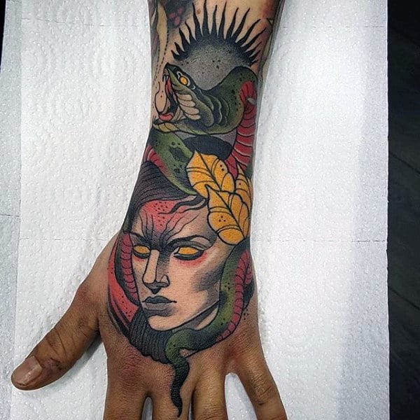 Snake With Portrait Male Neo Traditional Colorful Hand And Wrist Tattoo Ideas