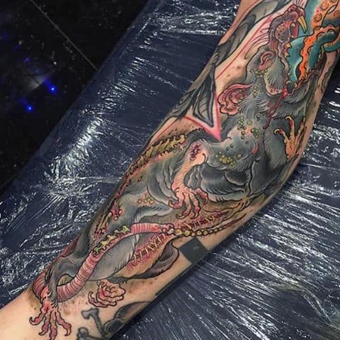 Snake With Rat Mens Full Leg Tattoo Design Ideas