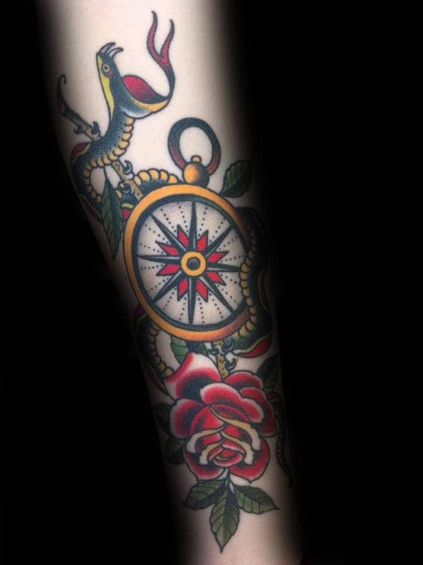 Snake With Rose Flower And Compass Guys Traditional Forearm Tattoo