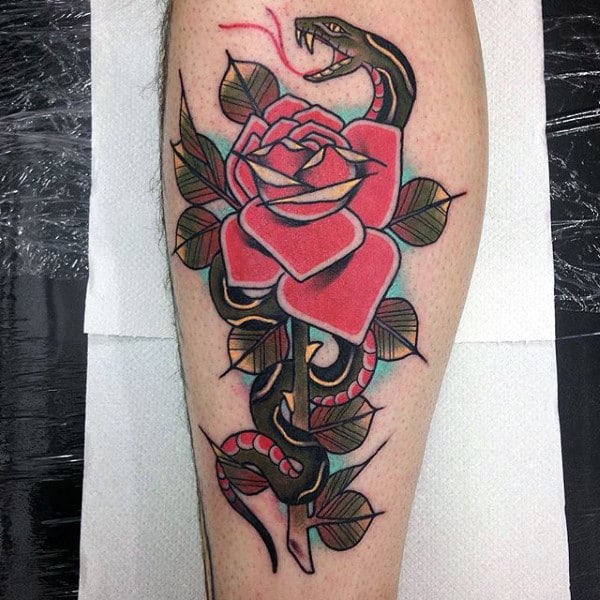 Snake With Rose Flower Male Traditional Leg Tattoo
