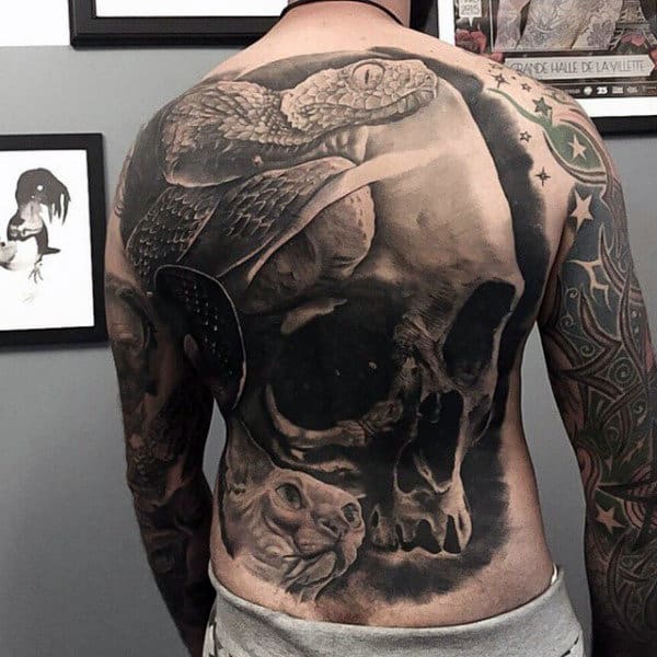 Snake With Skull Black Ink Realistic 3d Male Back Tattoos