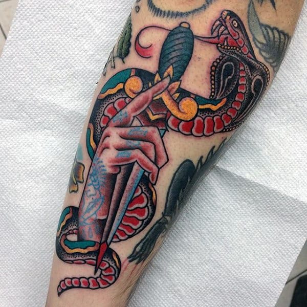 Snake With Traditional Dagger Mens Arm Tattoos
