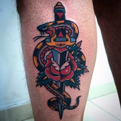 Snake Wrapped Around Dagger Mens Traditional Leg Tattoos