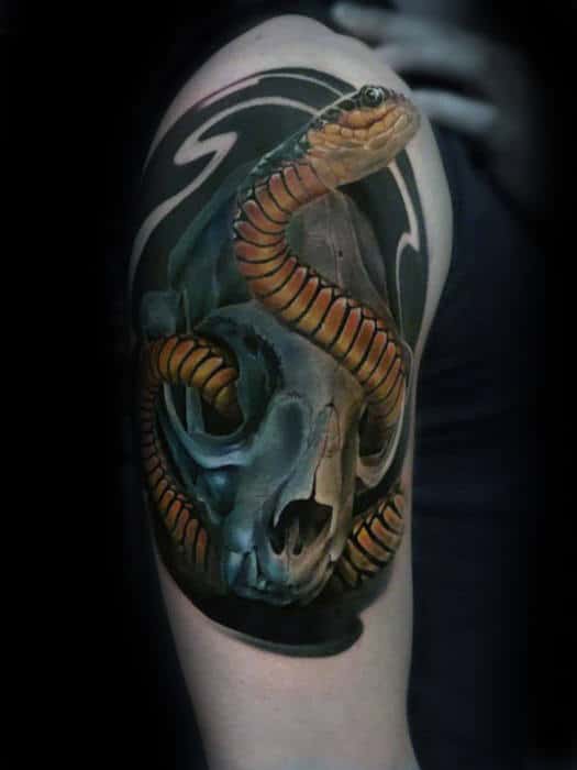 Snake Wrapped Around Skull Guys 3d Upper Arm Tattoo Designs