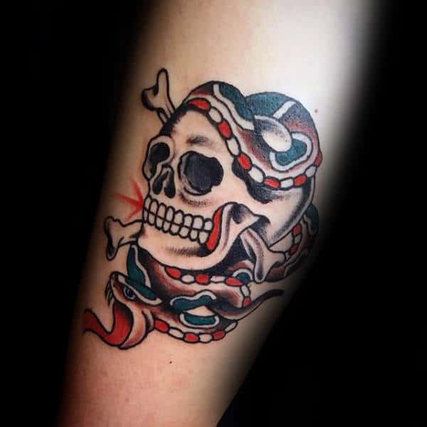 Snake Wrapped Around Skull Guys Traditional Forearm Tattoo Design Inspiration
