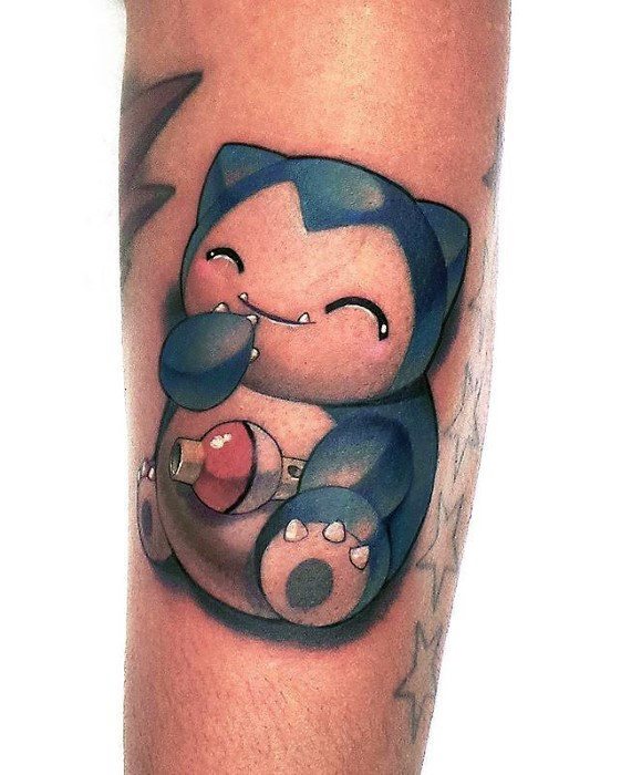 Cute Snorlax tattoo on forearm with a joyful expression, holding a Pokéball and rendered in a soft, 3D cartoon style.