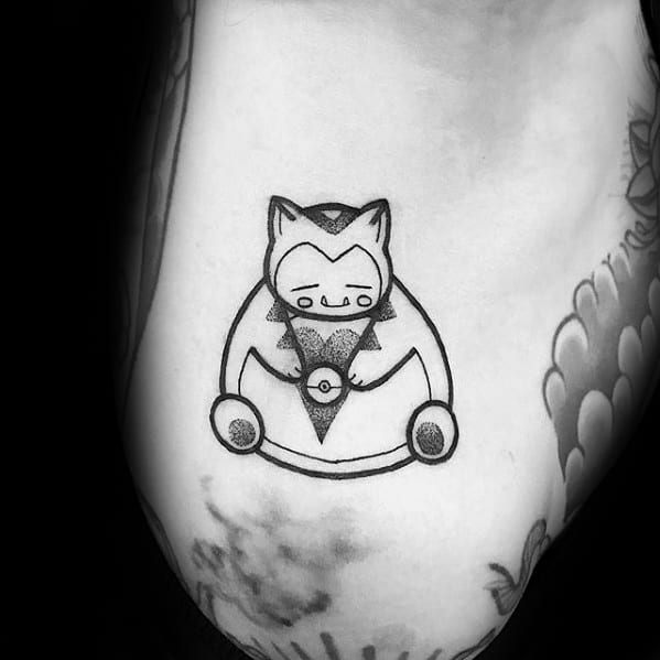 Minimalist Snorlax tattoo dressed as Dracula, holding a Pokéball, with clean black linework and a playful Halloween twist.