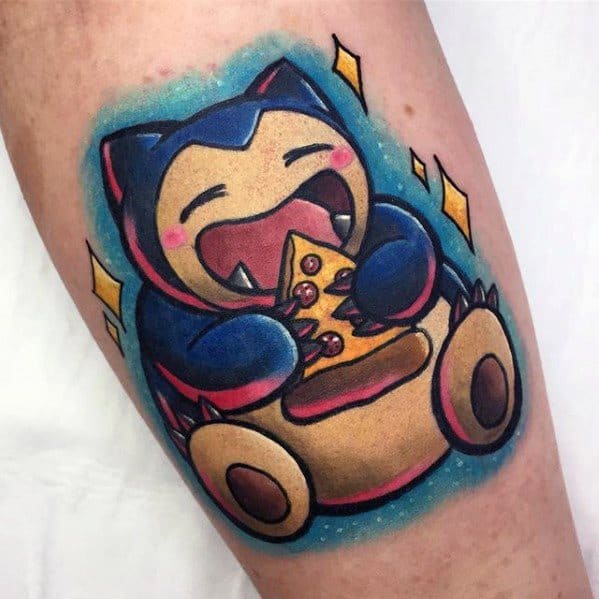Bright and playful Snorlax tattoo on leg, gleefully devouring a slice of pizza with sparkles and bold cartoon shading.