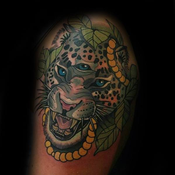 Surreal snow leopard tattoo with a third eye, blue gaze, and golden bead necklace, surrounded by green leaves in a neo-traditional style.