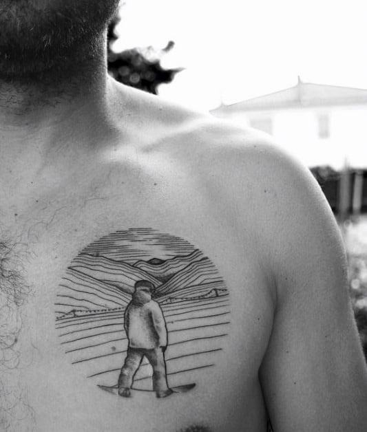 Snowboarding Inside Sphere Tattoo Design Ideas On Mens Chest