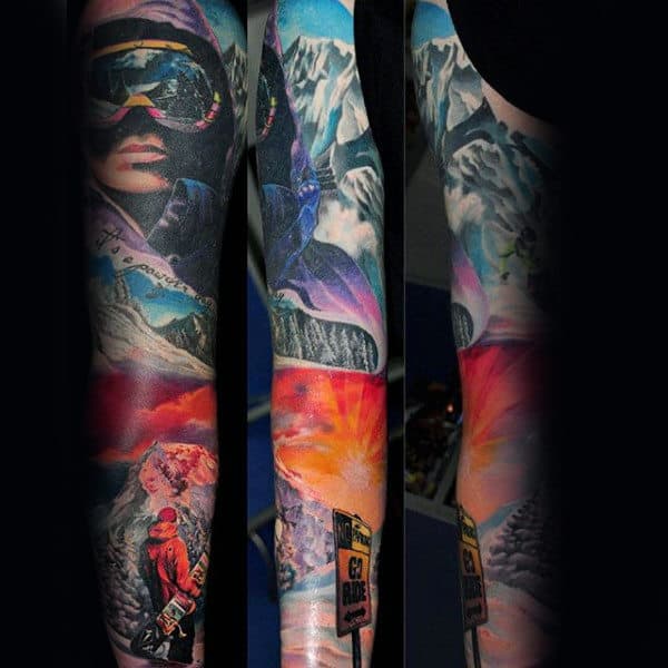 Snowboarding Themed Guys Full Sleeve Sky Tattoos