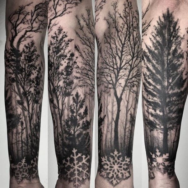 Snowflake Dotwork Tree Sleeve Forearm Male Tattoos