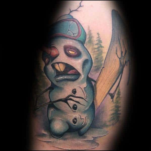 Creepy snowman tattoo with a distorted face, glowing eyes, broken body, and a cracked snowboard, blending horror and winter elements in a surreal design.