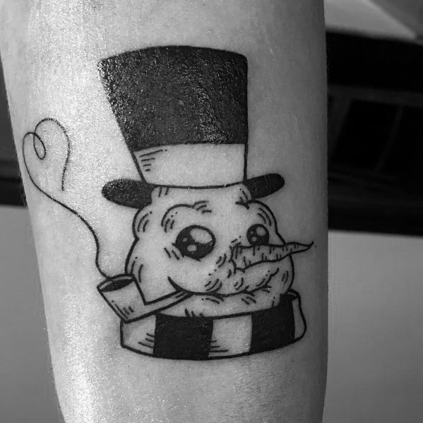 Quirky black and white snowman tattoo with a textured face, top hat, scarf, and a smoking pipe, blending vintage and playful winter elements.