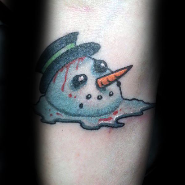 Melting snowman tattoo with a sad expression, blood-like drips, a tilted top hat, and a carrot nose, blending dark humor with a winter theme.