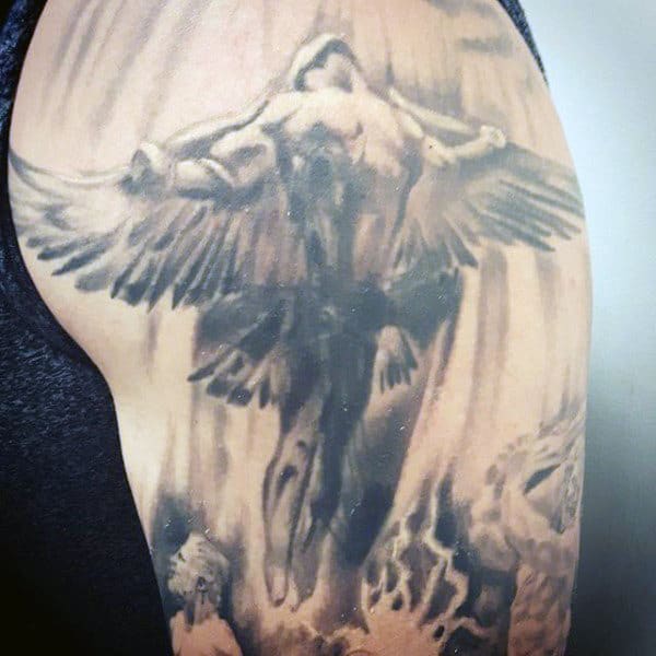 Soaring Icarus Guys Shaded Upper Arm Tattoo Designs